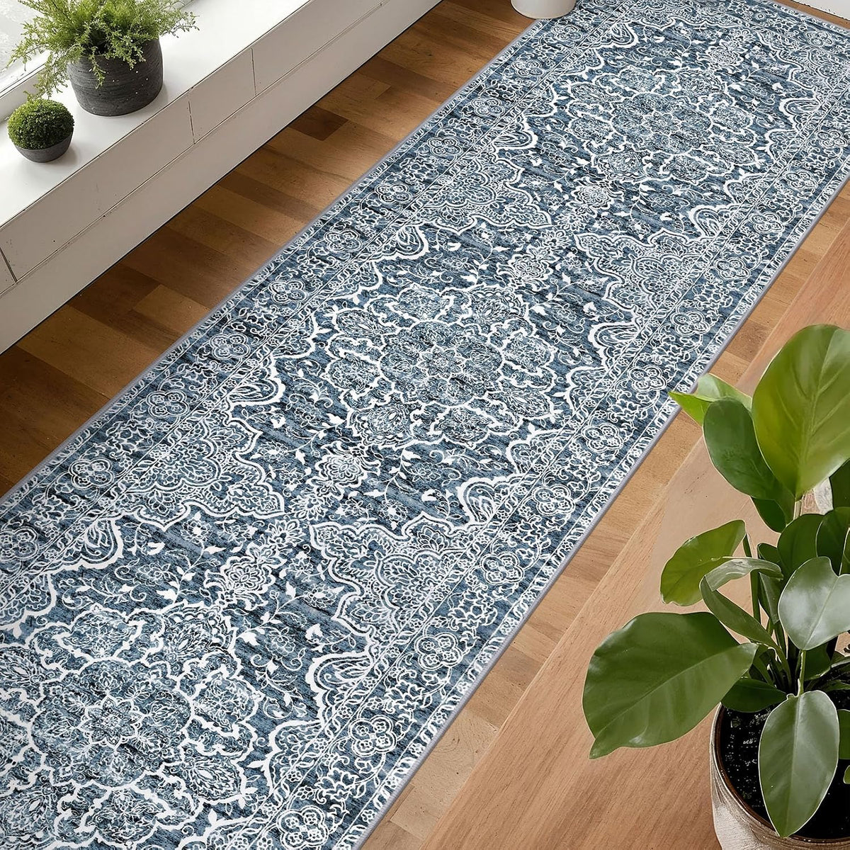 KUTA Vintage Extra Long Runners for Hallways 2.6x18ft Washable Blue White