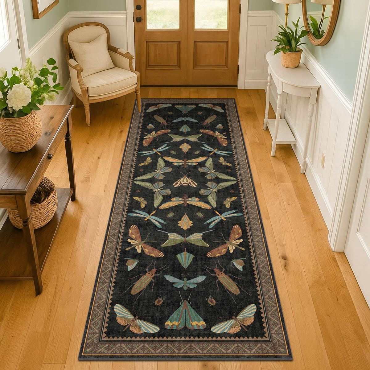 Hazo Haus Dark Green Insect Area Rugs 8x10 for Living Room, Dining Room Under Table, Bedroom, Unique Washable Floral Non Slip Low Pile Soft Rug