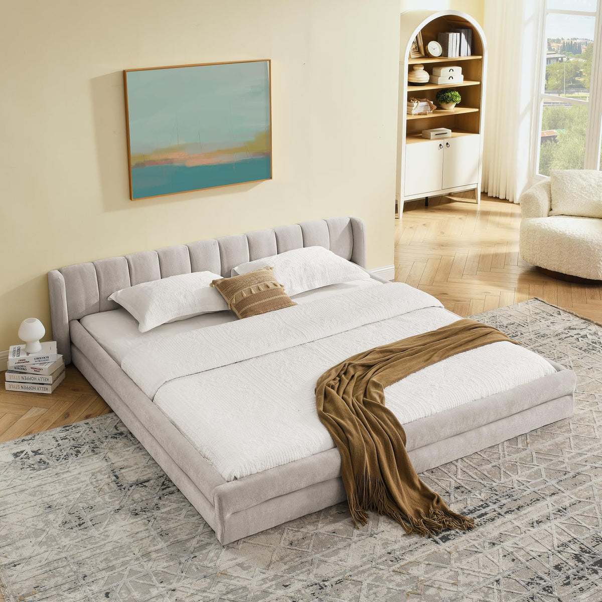 Grounded Bed Upholstered Platform Bed with Unique Design Thick Fabric Headboard, Wood Platform Bed Frame for Kids Adults Bedroom Furniture, Upholstered Floor Bed (Beige-11, Queen)