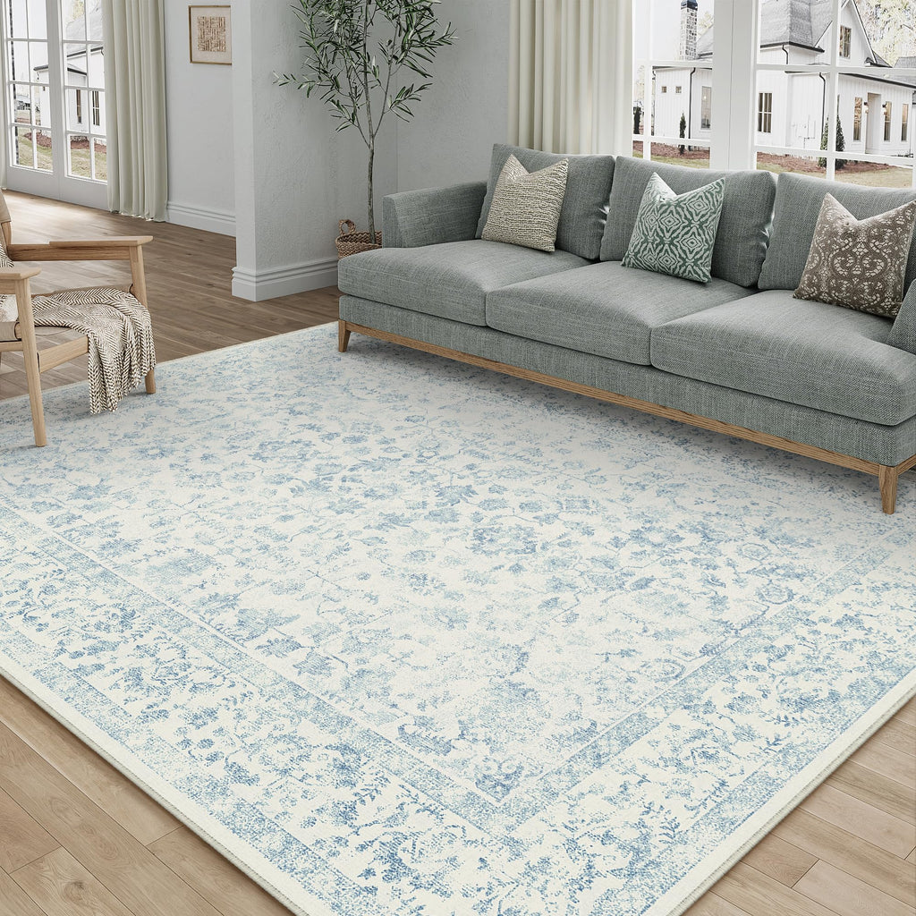 PureCozy Blue 6x6 Round Area Rug Vintage Washable Carpet Non Slip