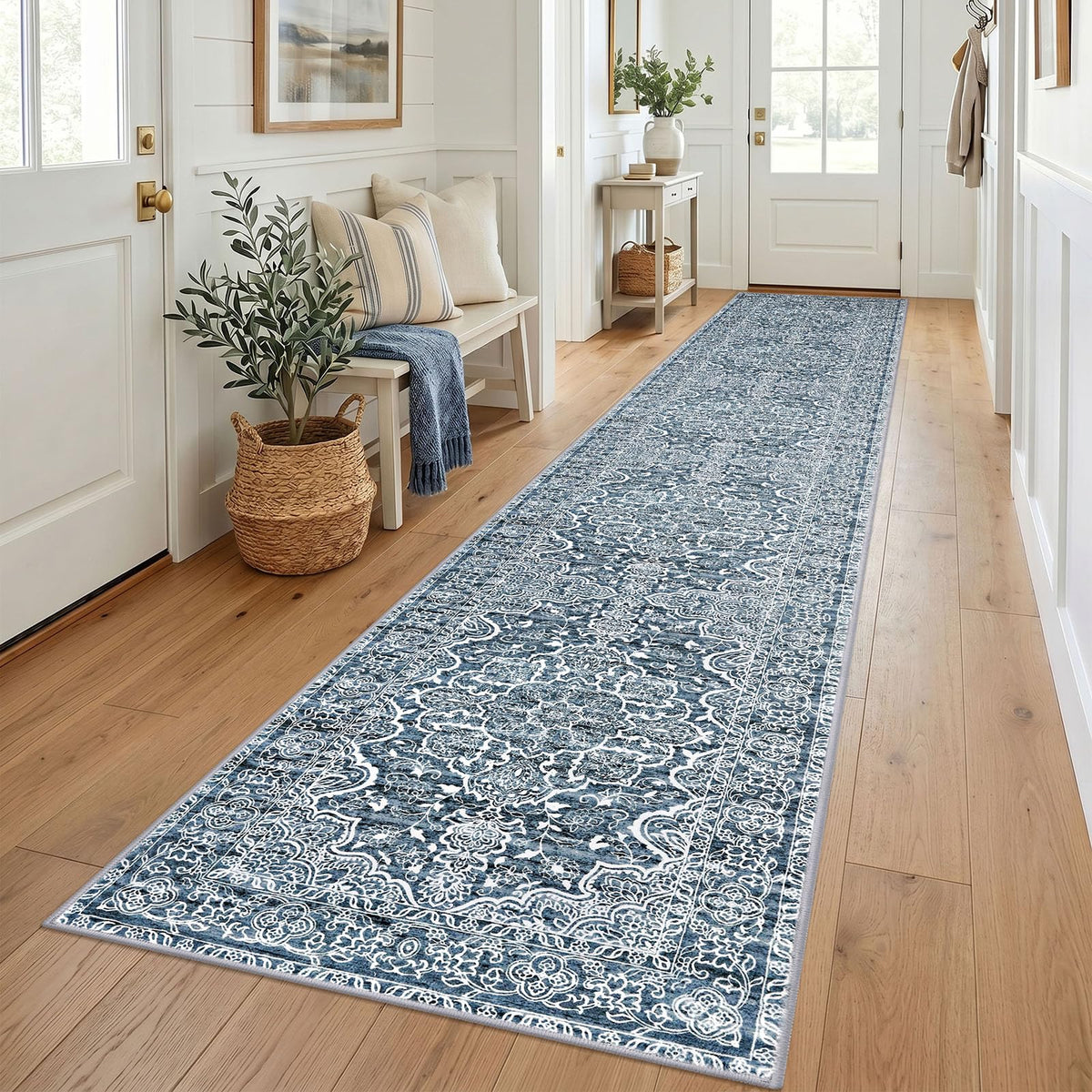 KUTA Vintage Extra Long Runners for Hallways 2.6x18ft Washable Blue White
