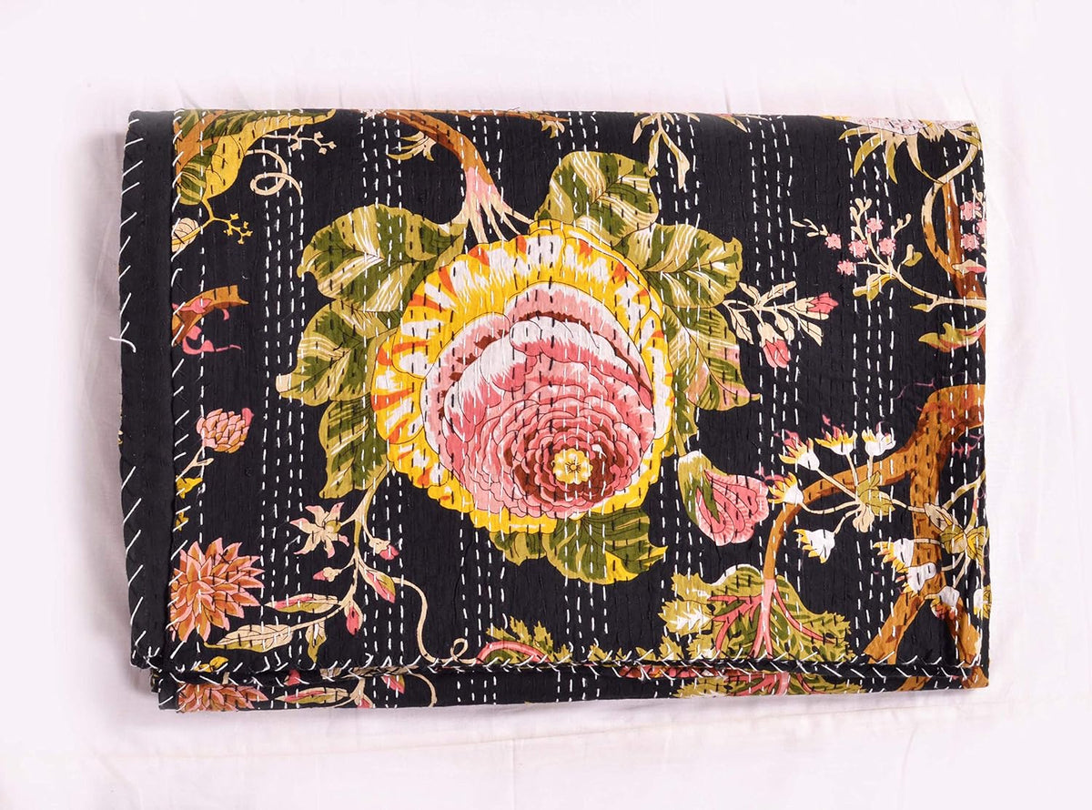 Indian Floral Print TwinQueen/King Size Kantha Quilt Kantha Blanket Bed Cover Kantha Bedspread Bohemian Bedding Kantha Blanket (Black, King (U.S. Standard))