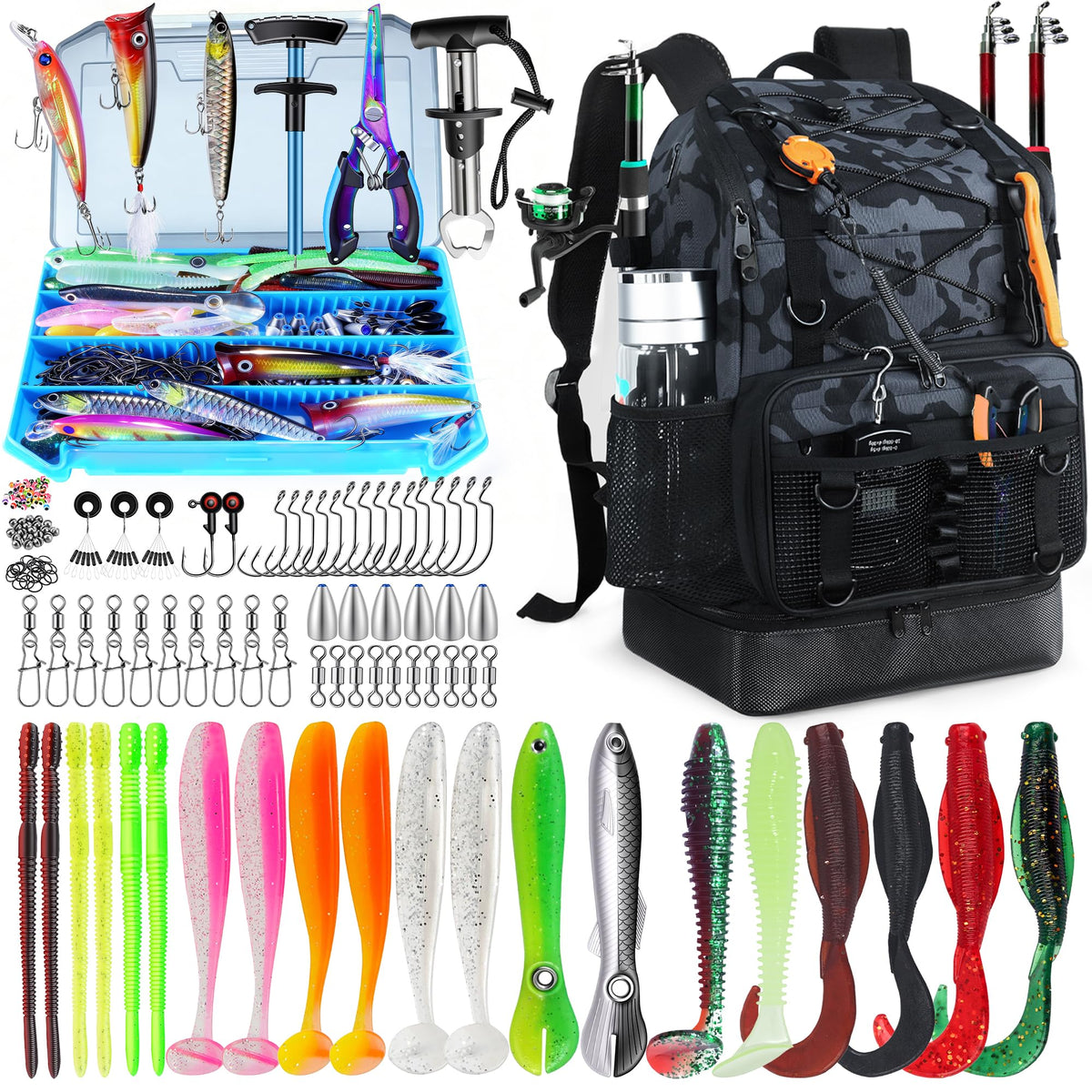 Fishing Backpack with Rod Holder, Heavy Duty Fishing Bag with Waterproof Bottom, Tackle Backpack Gifts for Man Woman-Black