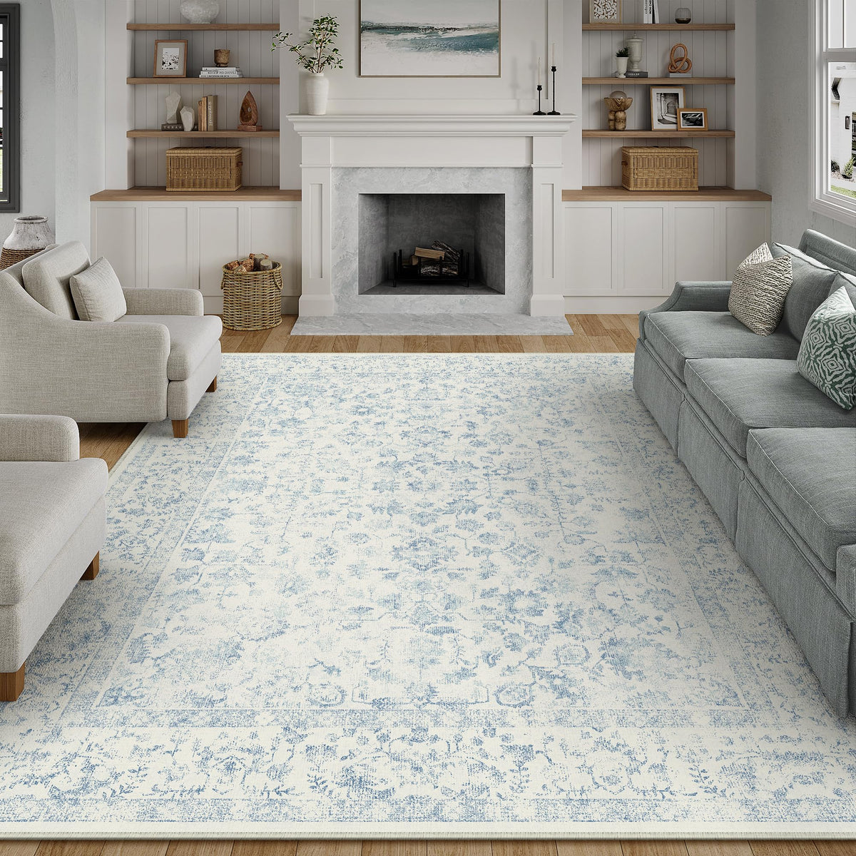 PureCozy Blue 6x6 Round Area Rug Vintage Washable Carpet Non Slip