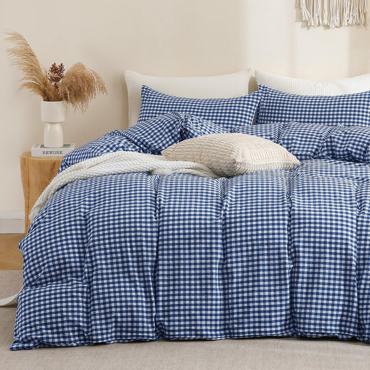 TOCOMOA Tan Gingham Duvet Cover Set Washed Cotton Like Linen, Cal King