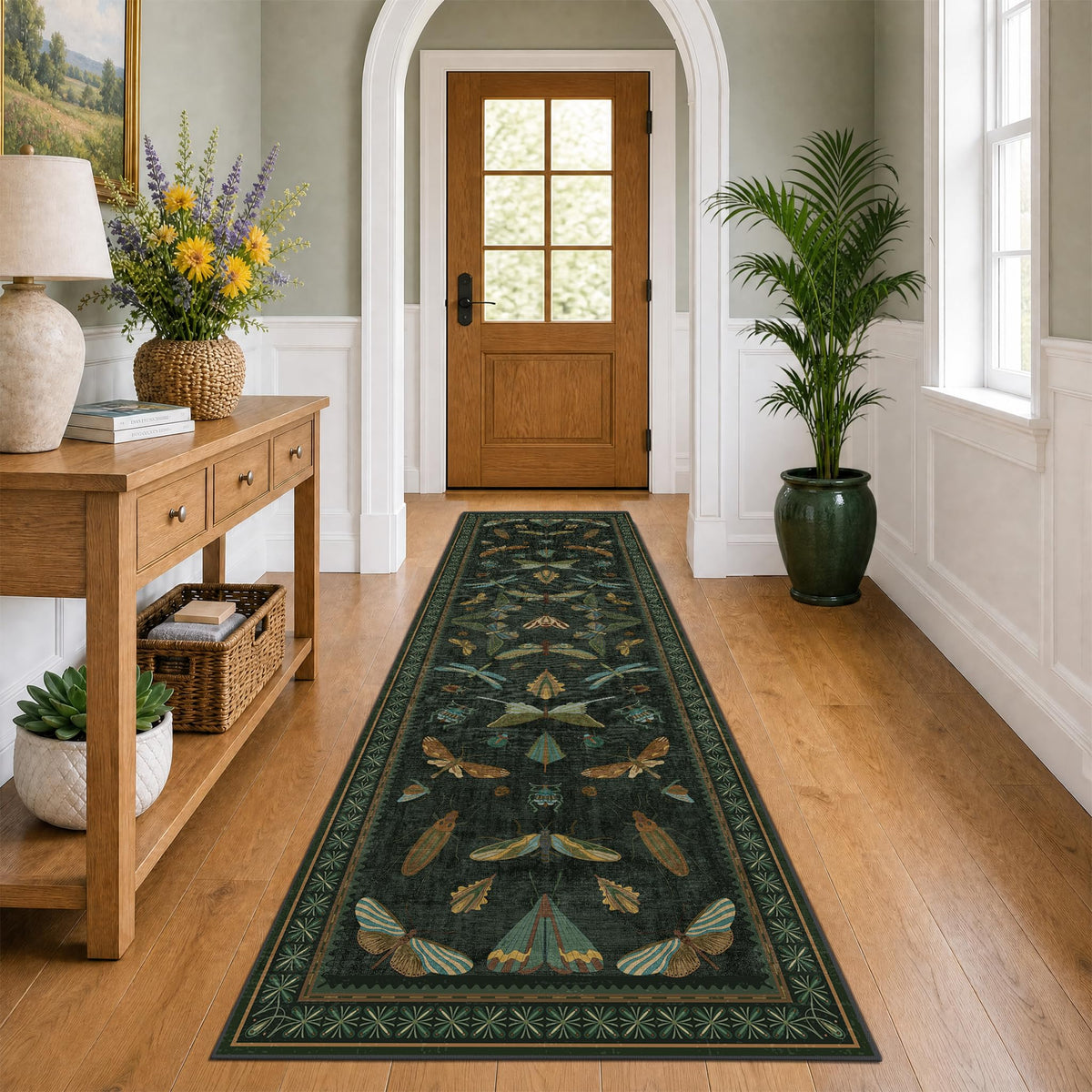 Hazo Haus Dark Green Insect Area Rugs 8x10 for Living Room, Dining Room Under Table, Bedroom, Unique Washable Floral Non Slip Low Pile Soft Rug
