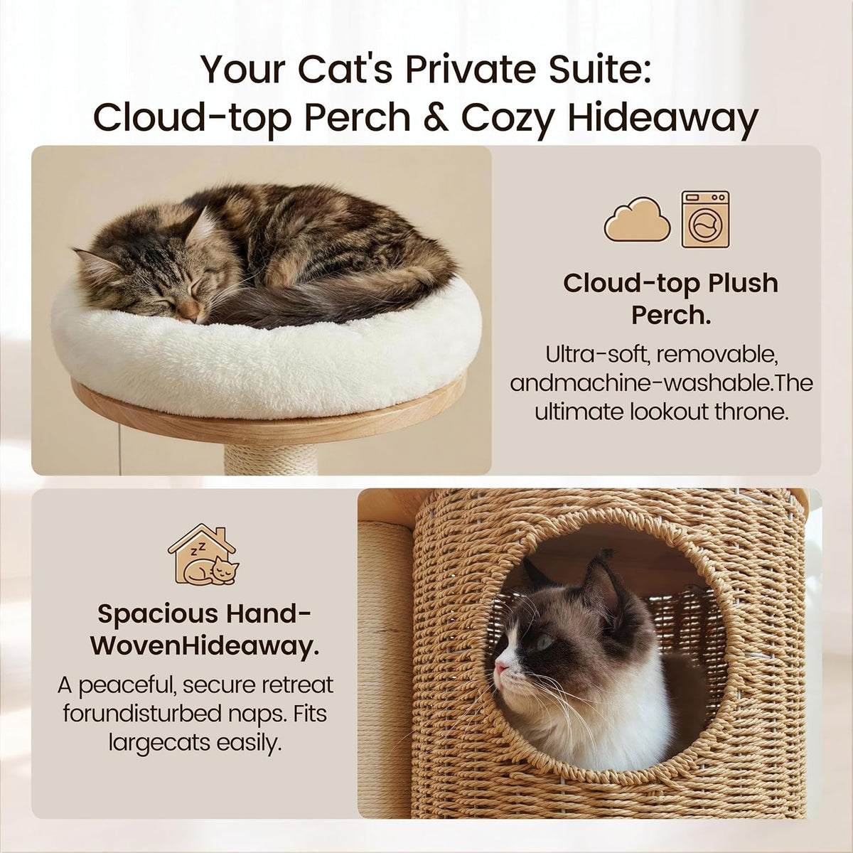 Zonoria 30-Inch Solid Wood Cat Tree Tower for Small to Medium Cats