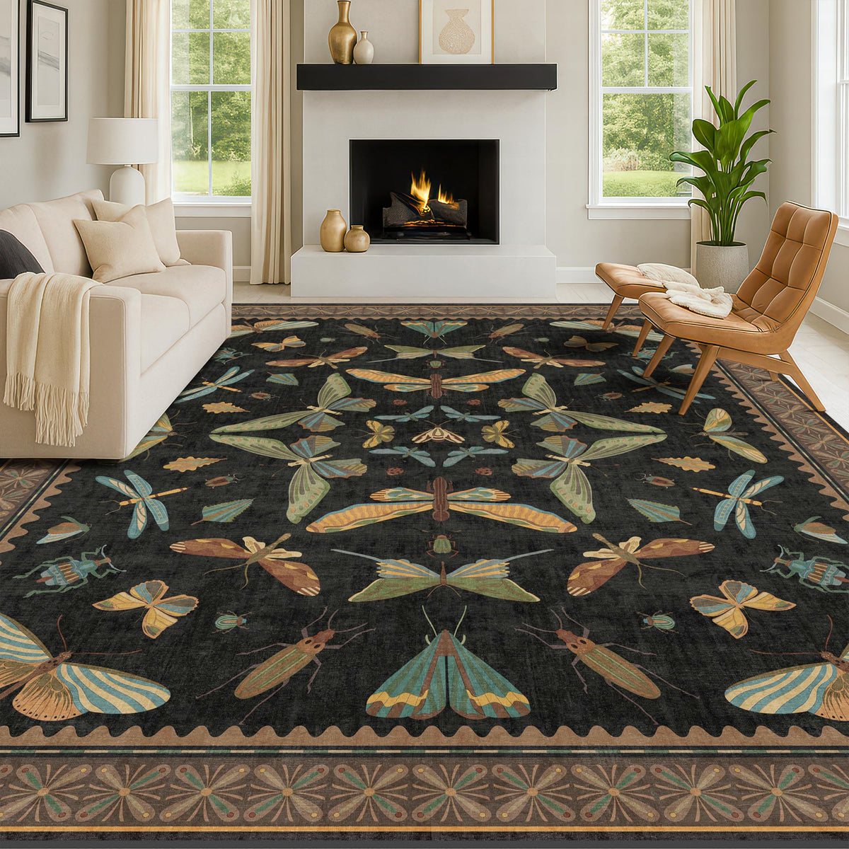 Hazo Haus Dark Green Insect Area Rugs 8x10 for Living Room, Dining Room Under Table, Bedroom, Unique Washable Floral Non Slip Low Pile Soft Rug