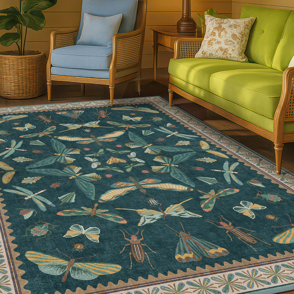 Hazo Haus Dark Green Insect Area Rugs 8x10 for Living Room, Dining Room Under Table, Bedroom, Unique Washable Floral Non Slip Low Pile Soft Rug