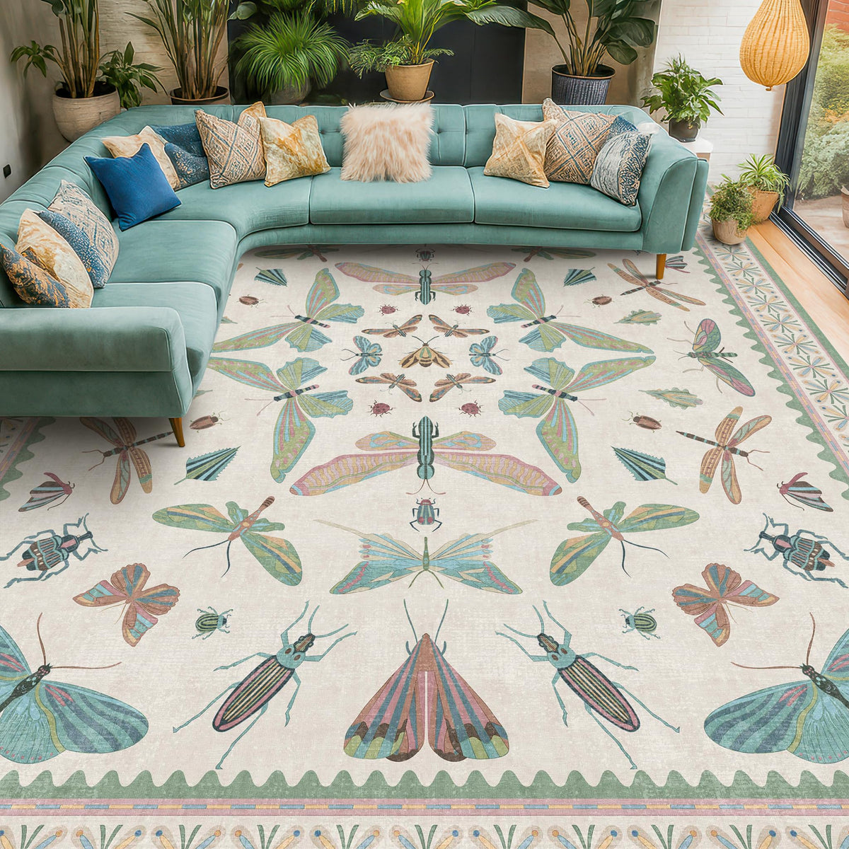 Hazo Haus Dark Green Insect Area Rugs 8x10 for Living Room, Dining Room Under Table, Bedroom, Unique Washable Floral Non Slip Low Pile Soft Rug