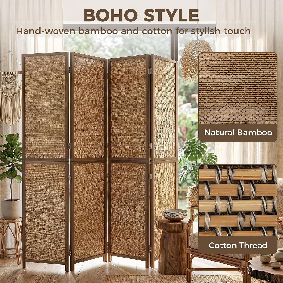 HOMCOM Room Divider, 6 FT Tall Folding Privacy Screen, 4-Panel Boho Brown