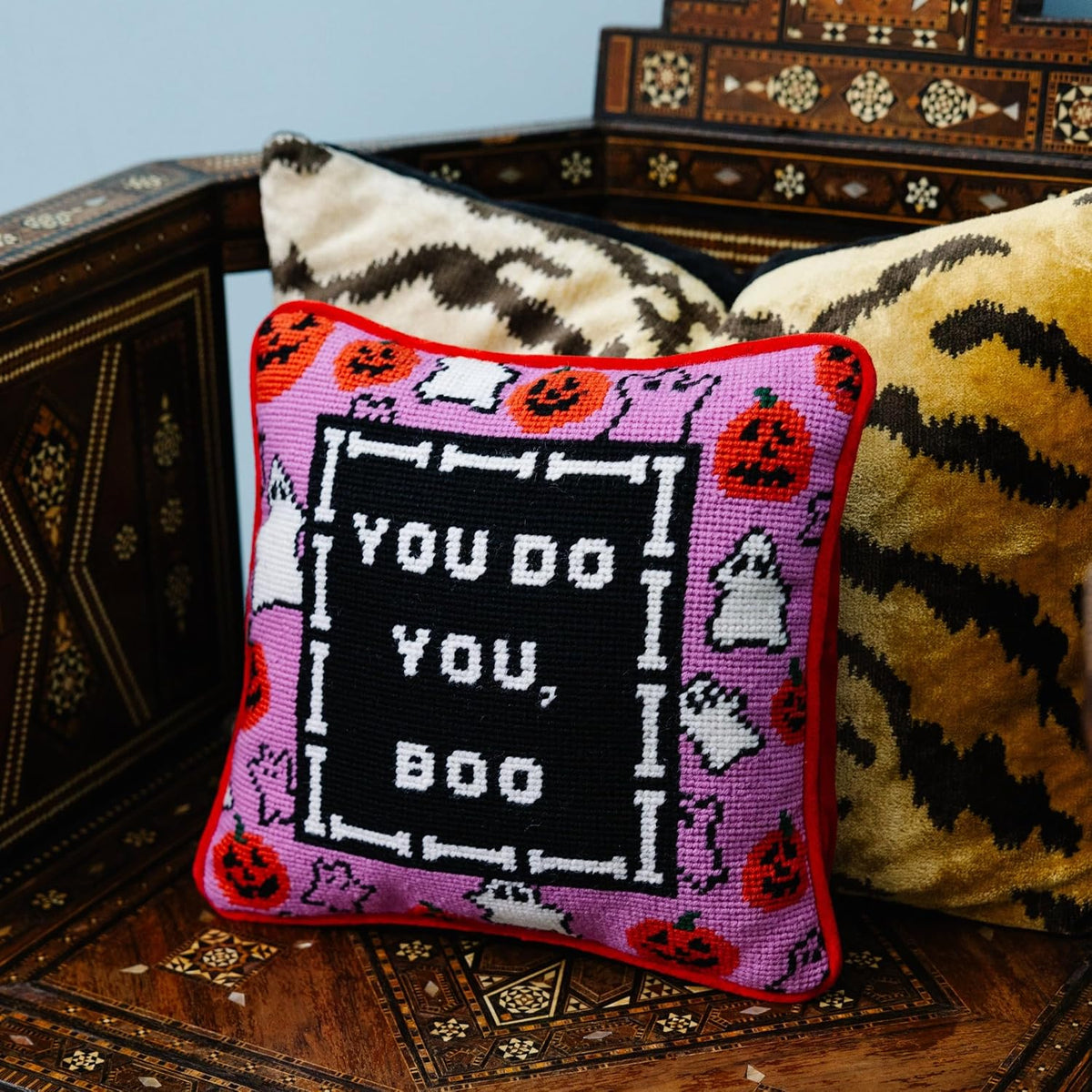 FURBISH Needlepoint Decorative Throw Pillow - Boo - 11"x11" - Small Embroidered Halloween Pillow for Living Room, Couch, Sofa, Chair & Bed - Eclectic Halloween Decor