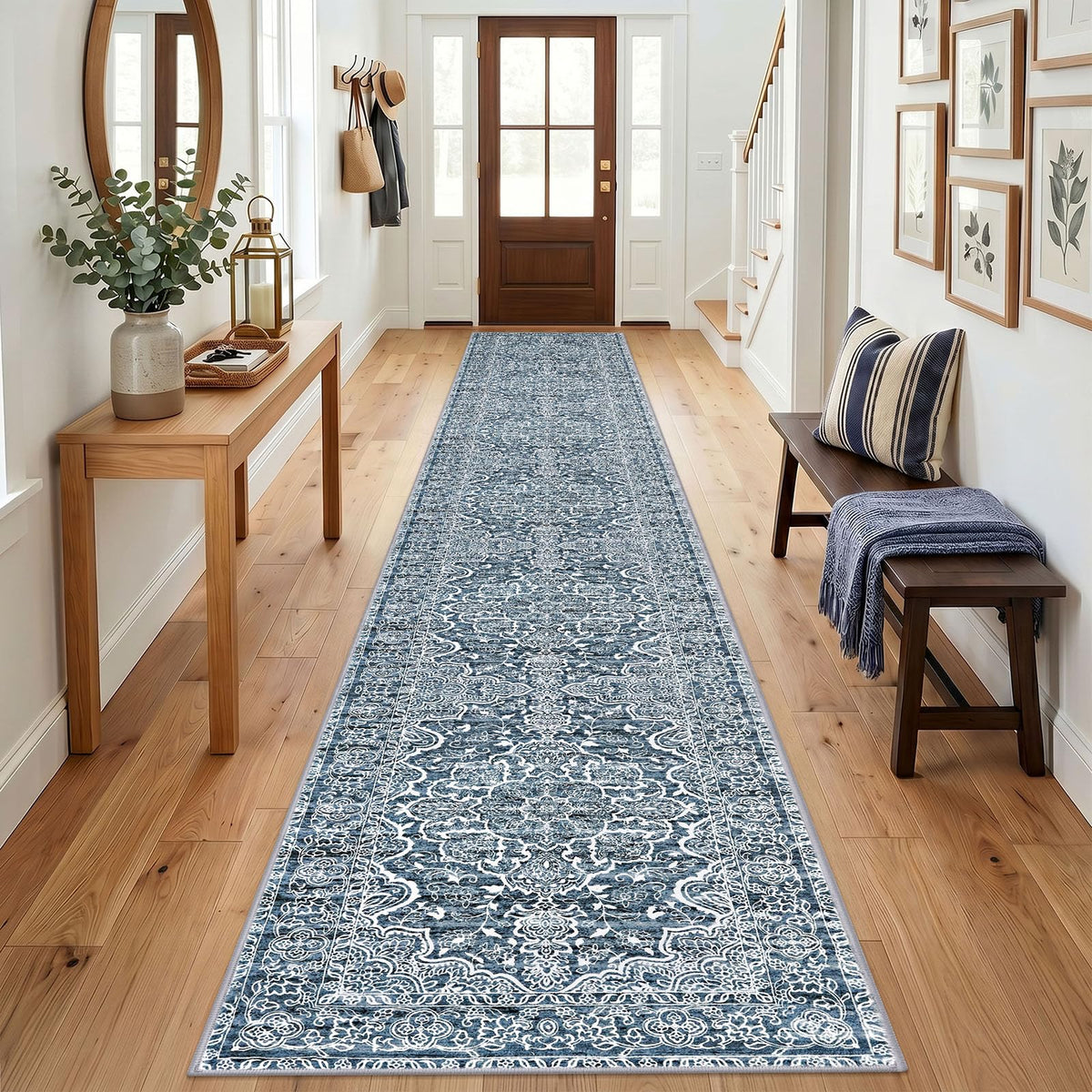KUTA Vintage Extra Long Runners for Hallways 2.6x18ft Washable Blue White