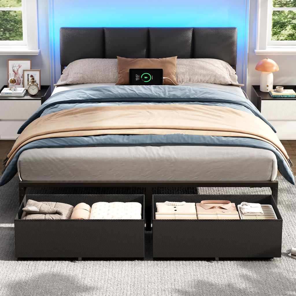 Furnulem Full Size Bed Frame with Upholstered Headboard & 2 Storage Drawers