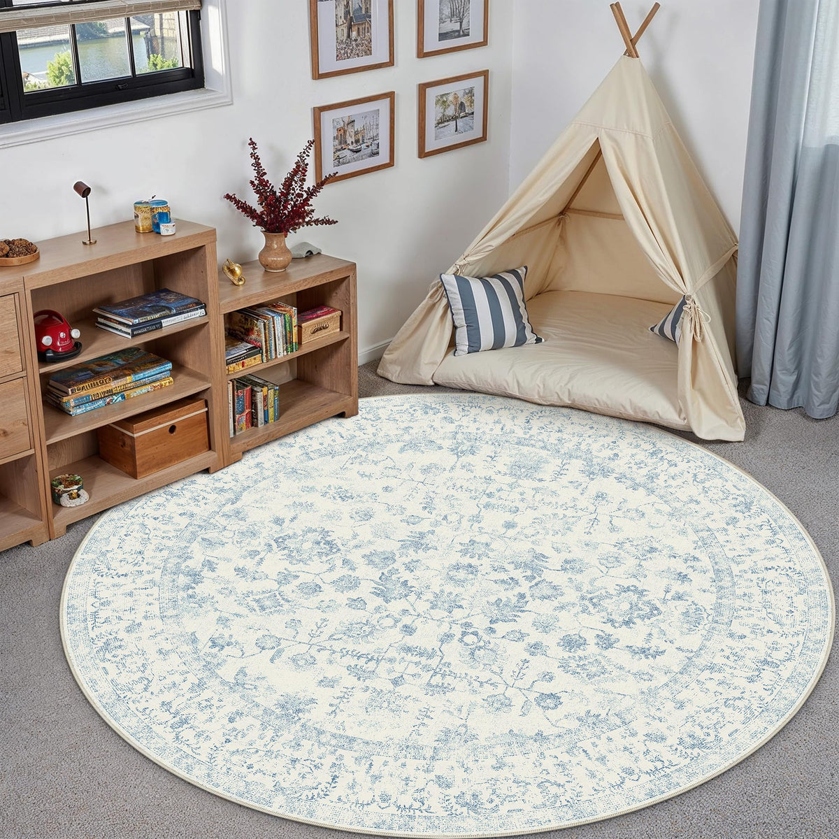 PureCozy Blue 6x6 Round Area Rug Vintage Washable Carpet Non Slip