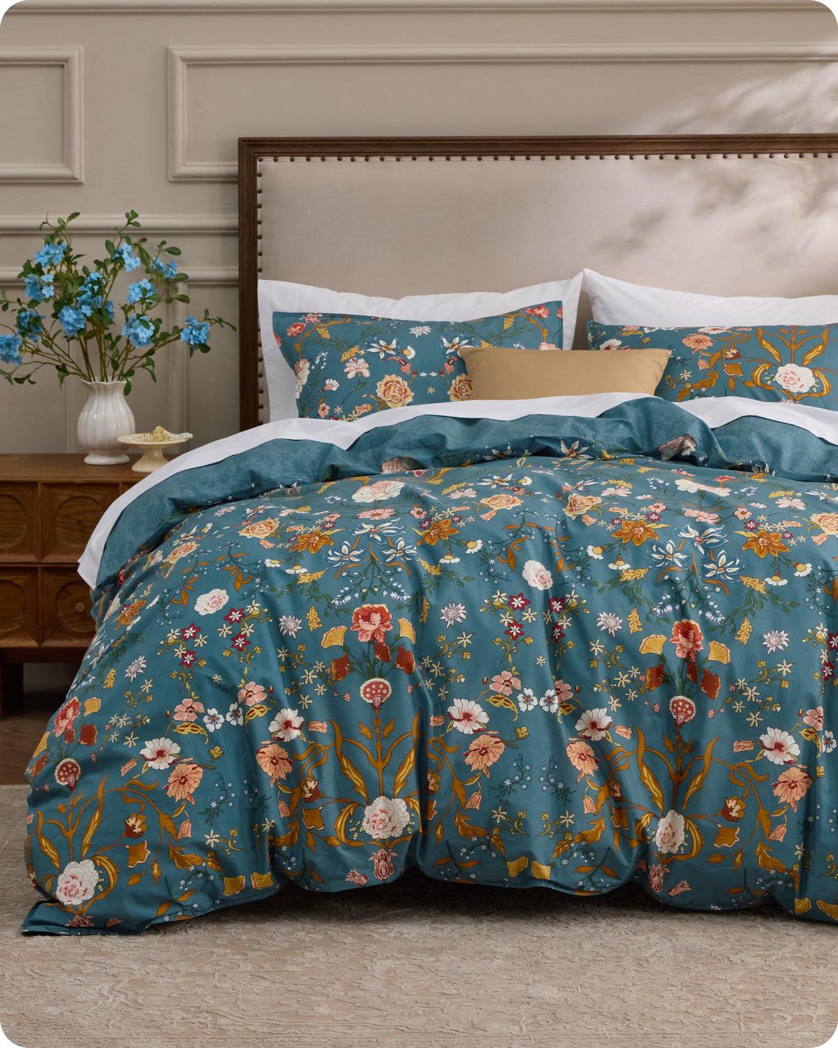 Bedsure PureWoven 100% Cotton Floral Duvet Cover Set, King, Light Blue
