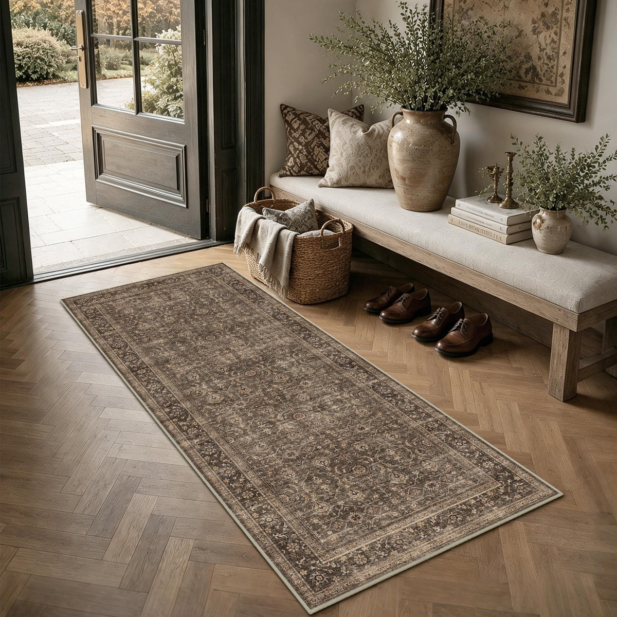 JOOJA 8x10 Dark Brown Vintage Soft Low Pile Non Slip Boho Washable Area Rug