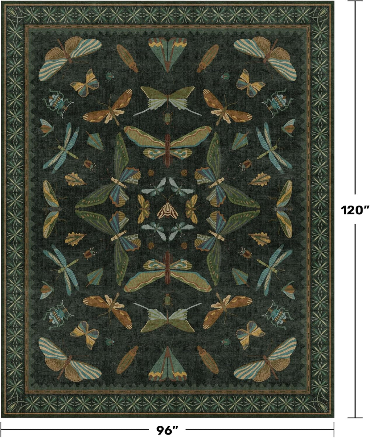 Hazo Haus Dark Green Insect Area Rugs 8x10 for Living Room, Dining Room Under Table, Bedroom, Unique Washable Floral Non Slip Low Pile Soft Rug