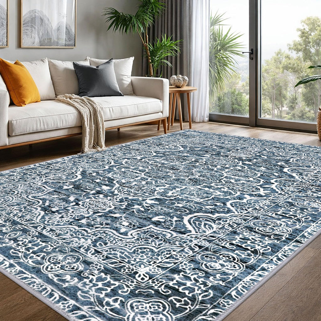 KUTA Vintage Extra Long Runners for Hallways 2.6x18ft Washable Blue White