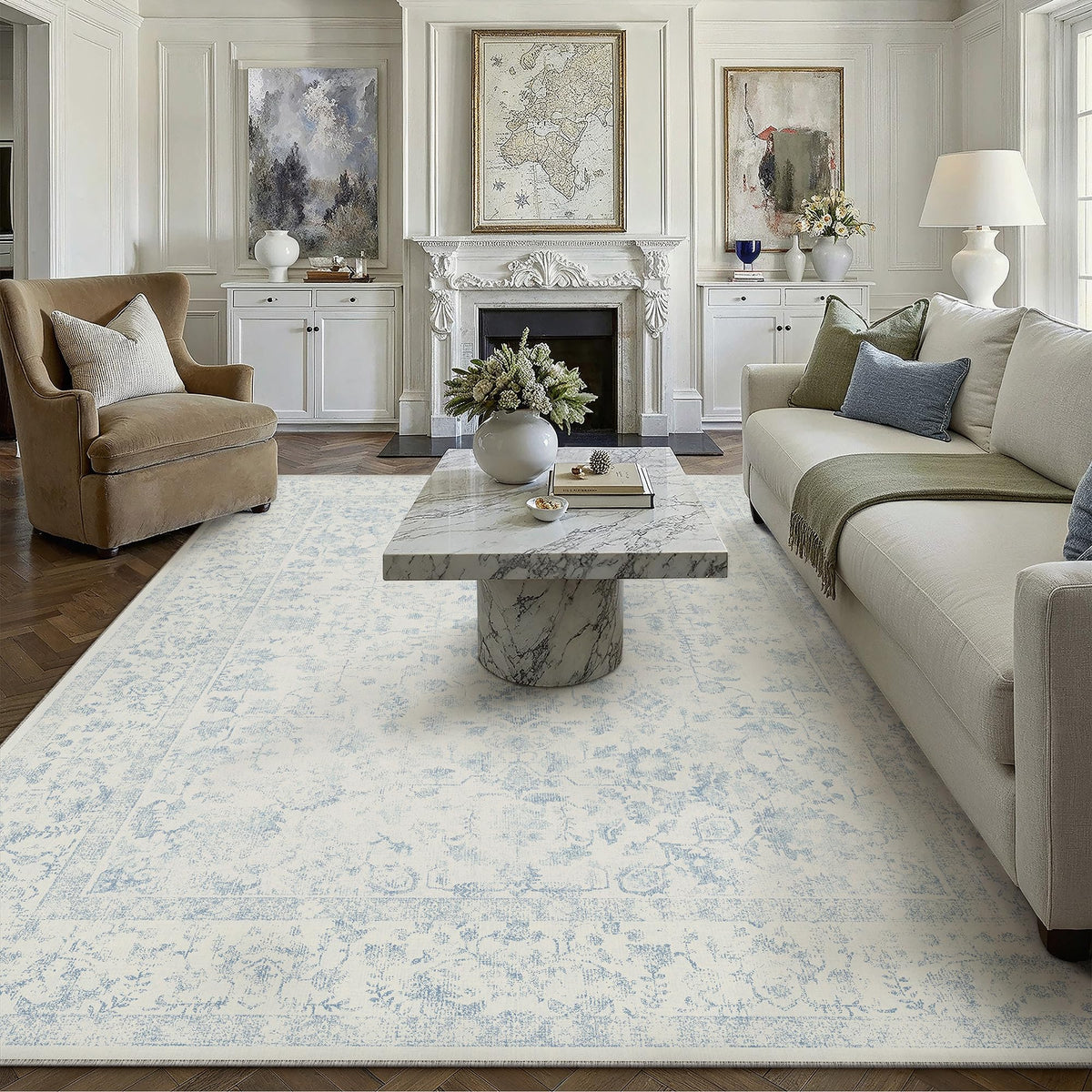 PureCozy Blue 6x6 Round Area Rug Vintage Washable Carpet Non Slip