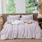 MooMee Striped Duvet Cover Set 100% Washed Cotton Linen Like Queen