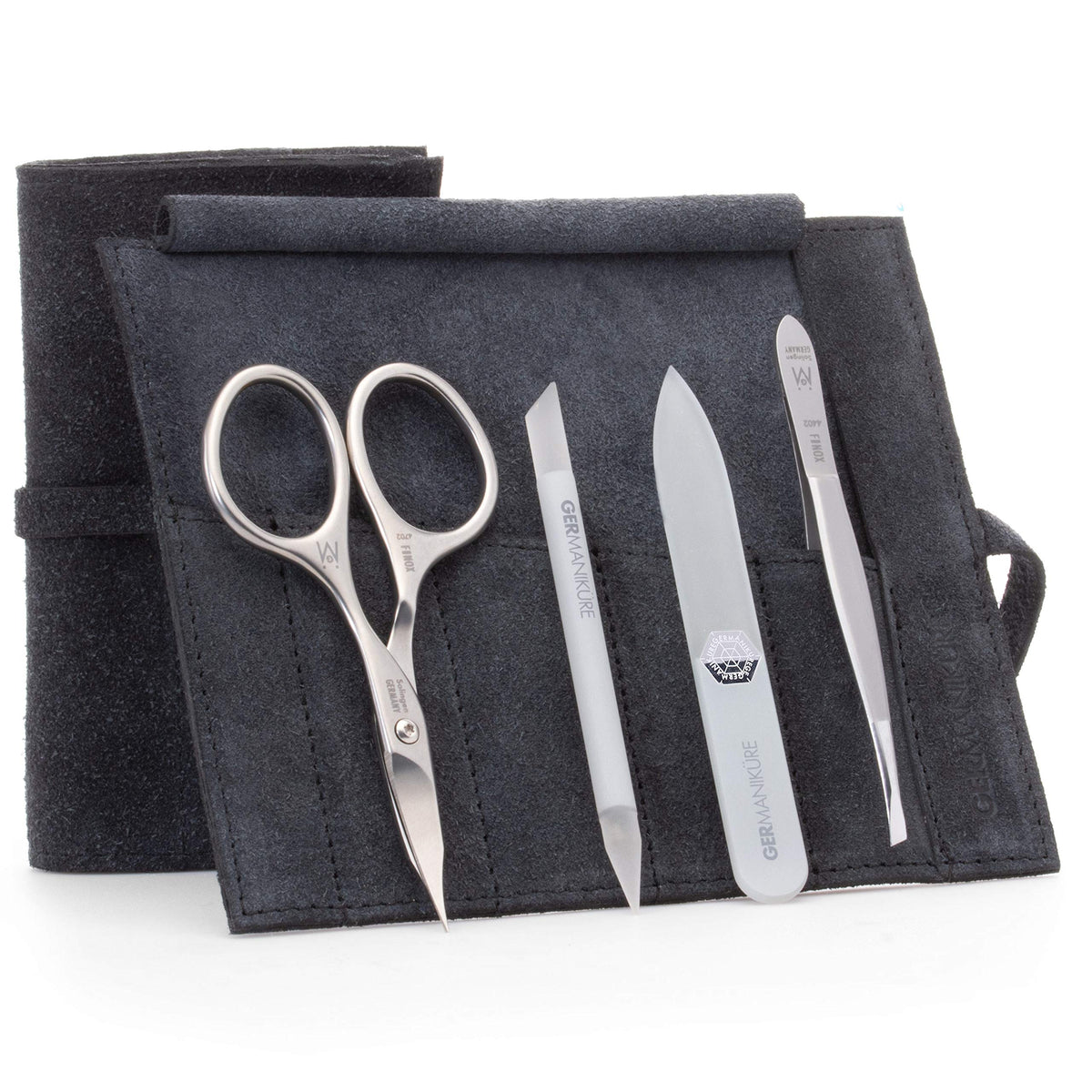 GERMANIKURE 7pc Manicure & Pedicure Set, FINOX Steel, Purple Leather Roll