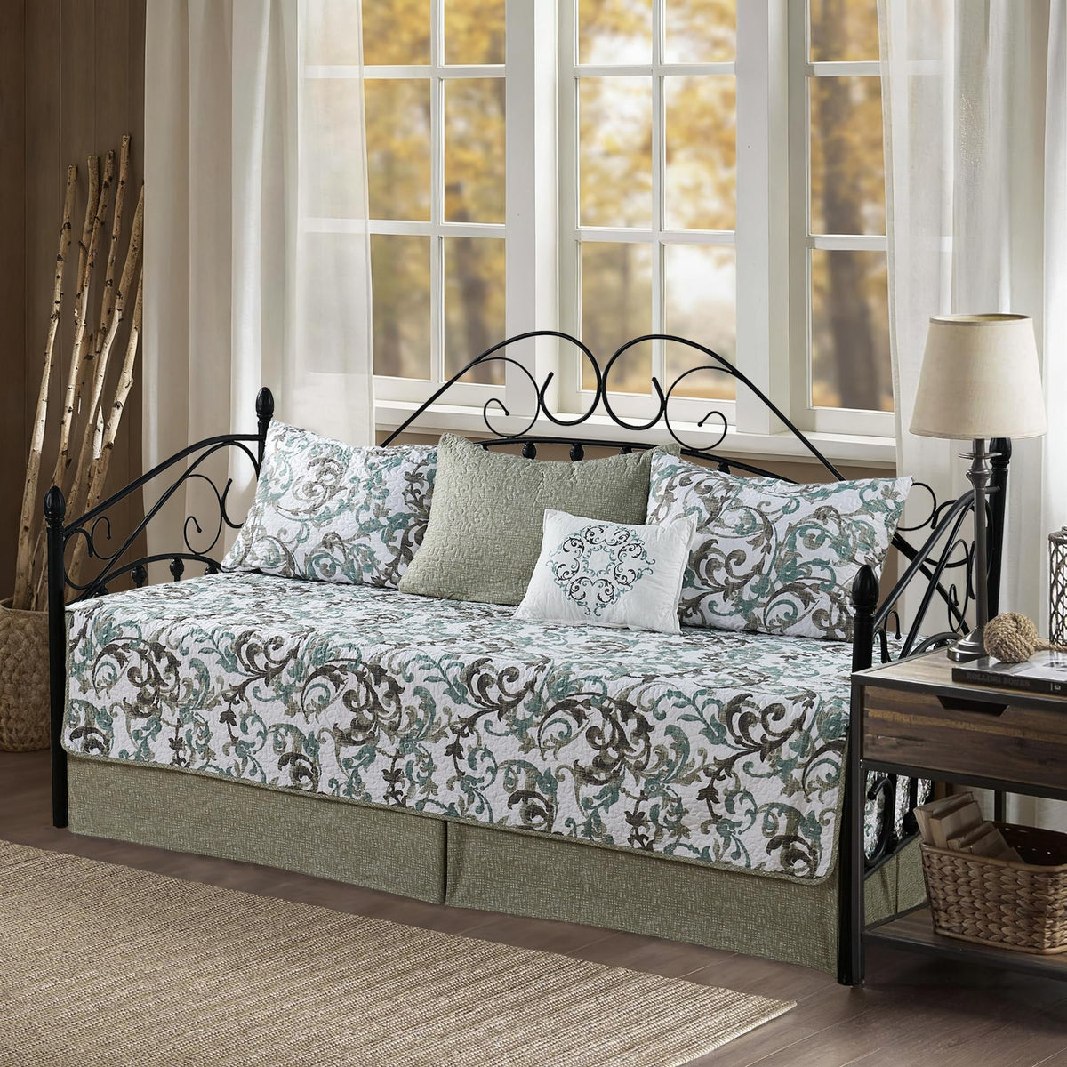 5-Piece Quilted Microfiber Daybed Cover Set with Floral Embroidery, All Season Luxurious Bedding with Matching Shams and Bed Skirt, 75"x39", Pink Flower