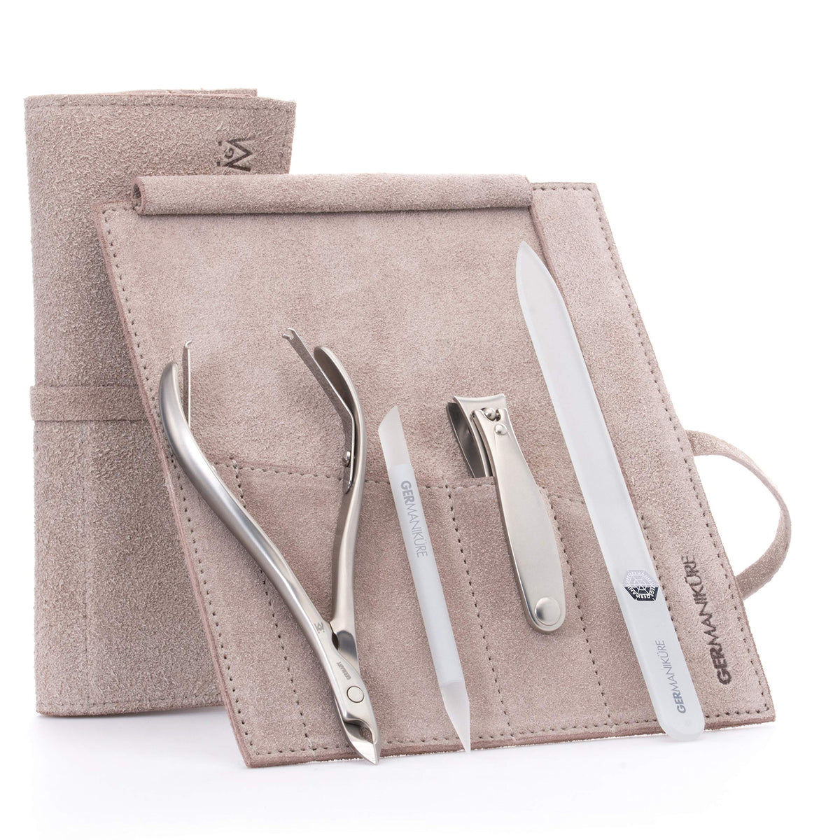 GERMANIKURE 7pc Manicure & Pedicure Set, FINOX Steel, Purple Leather Roll