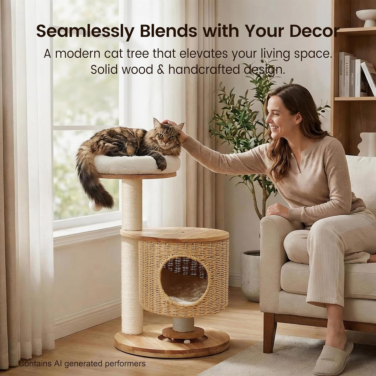 Zonoria 30-Inch Solid Wood Cat Tree Tower for Small to Medium Cats