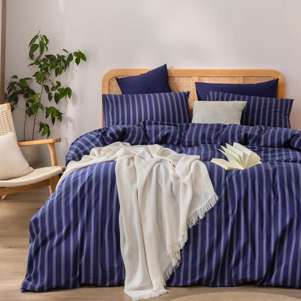 BESTOUCH Cotton Solid Duvet Cover Set Linen Feel Cornflower Blue Queen