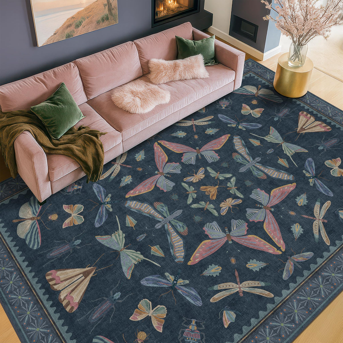 Hazo Haus Dark Green Insect Area Rugs 8x10 for Living Room, Dining Room Under Table, Bedroom, Unique Washable Floral Non Slip Low Pile Soft Rug
