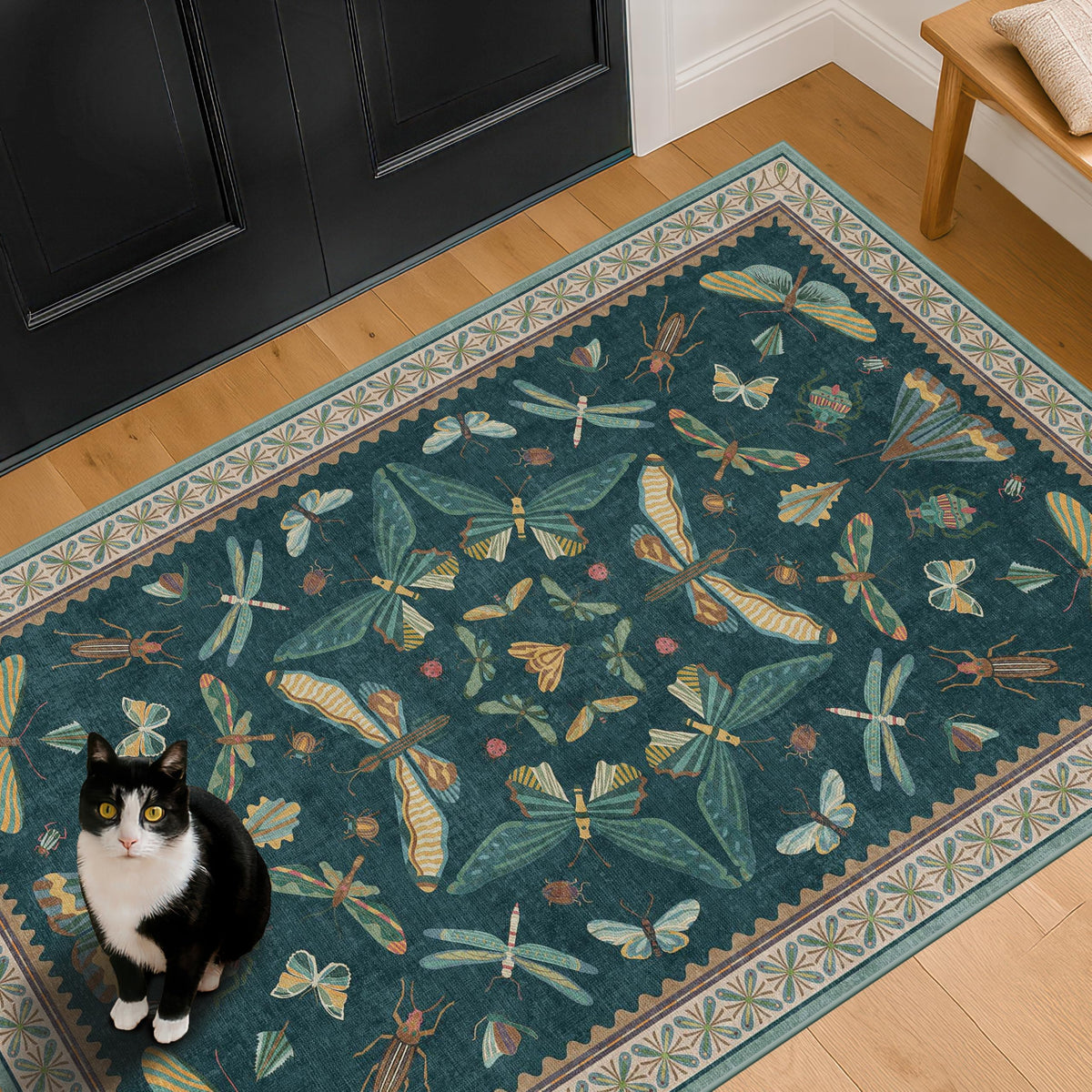 Hazo Haus Dark Green Insect Area Rugs 8x10 for Living Room, Dining Room Under Table, Bedroom, Unique Washable Floral Non Slip Low Pile Soft Rug