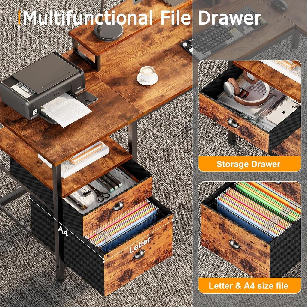 Furologee 66'' L Shaped Desk with Power Outlet and 2 Drawers, Rustic Brown
