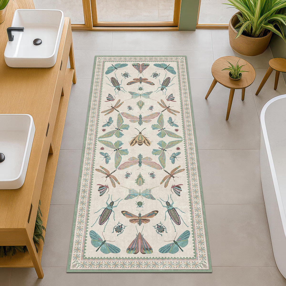 Hazo Haus Dark Green Insect Area Rugs 8x10 for Living Room, Dining Room Under Table, Bedroom, Unique Washable Floral Non Slip Low Pile Soft Rug