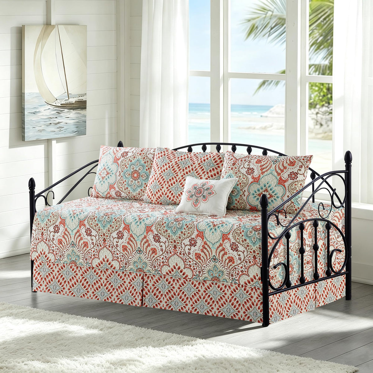 HESTIN 4Pcs Sky Blue Scallop Daybed Cover Set 75"x39" Petunia Embroidery