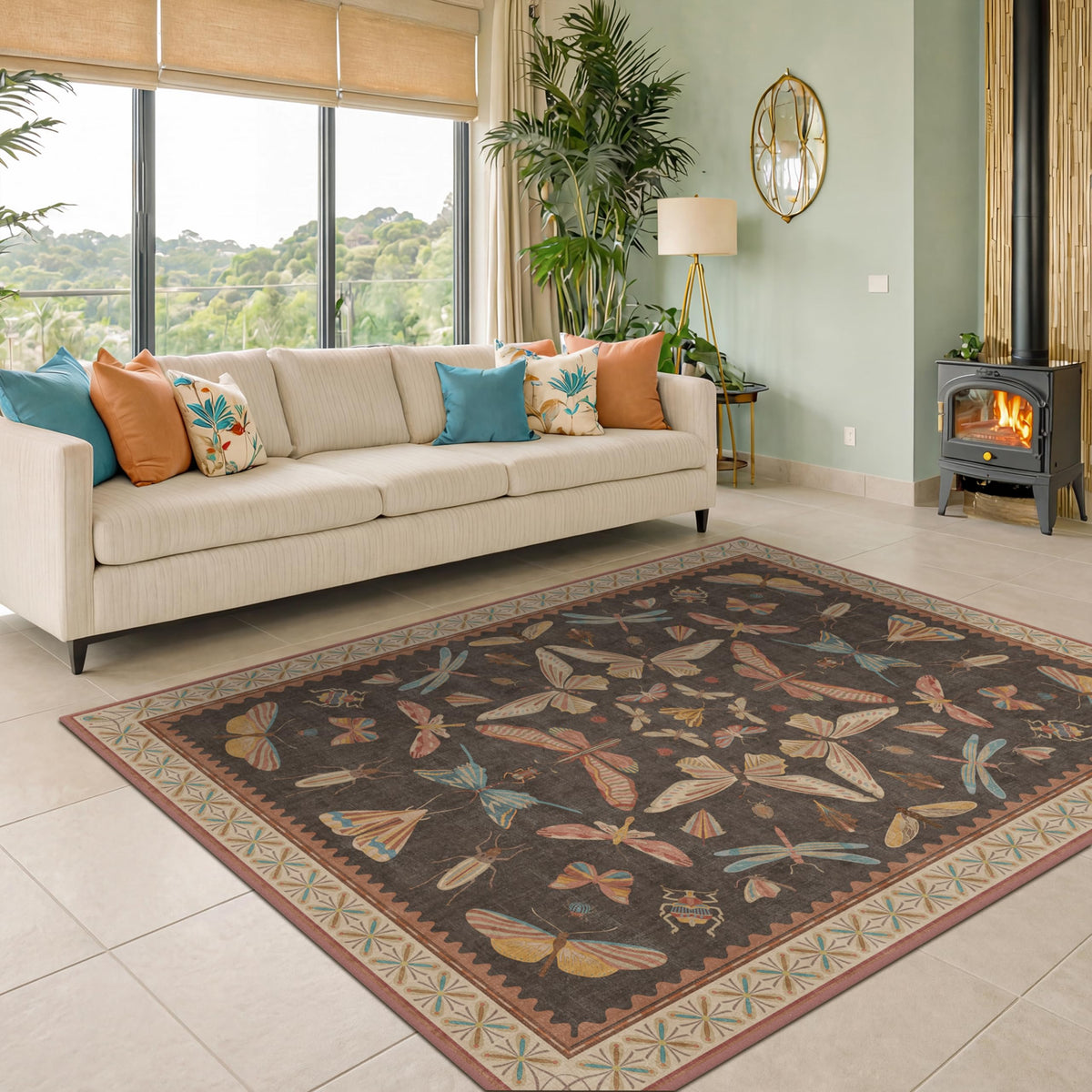 Hazo Haus Dark Green Insect Area Rugs 8x10 for Living Room, Dining Room Under Table, Bedroom, Unique Washable Floral Non Slip Low Pile Soft Rug