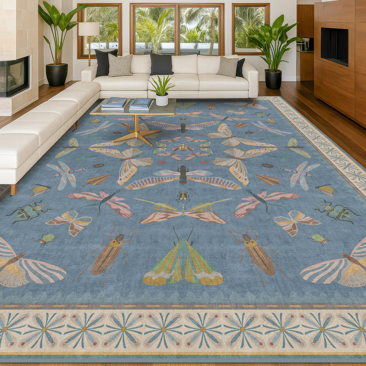 Hazo Haus Dark Green Insect Area Rugs 8x10 for Living Room, Dining Room Under Table, Bedroom, Unique Washable Floral Non Slip Low Pile Soft Rug