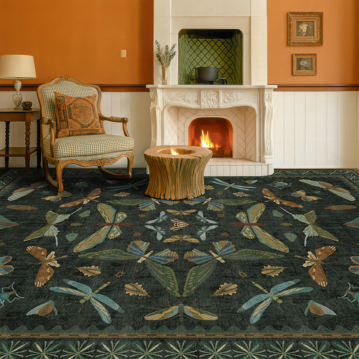 Hazo Haus Dark Green Insect Area Rugs 8x10 for Living Room, Dining Room Under Table, Bedroom, Unique Washable Floral Non Slip Low Pile Soft Rug