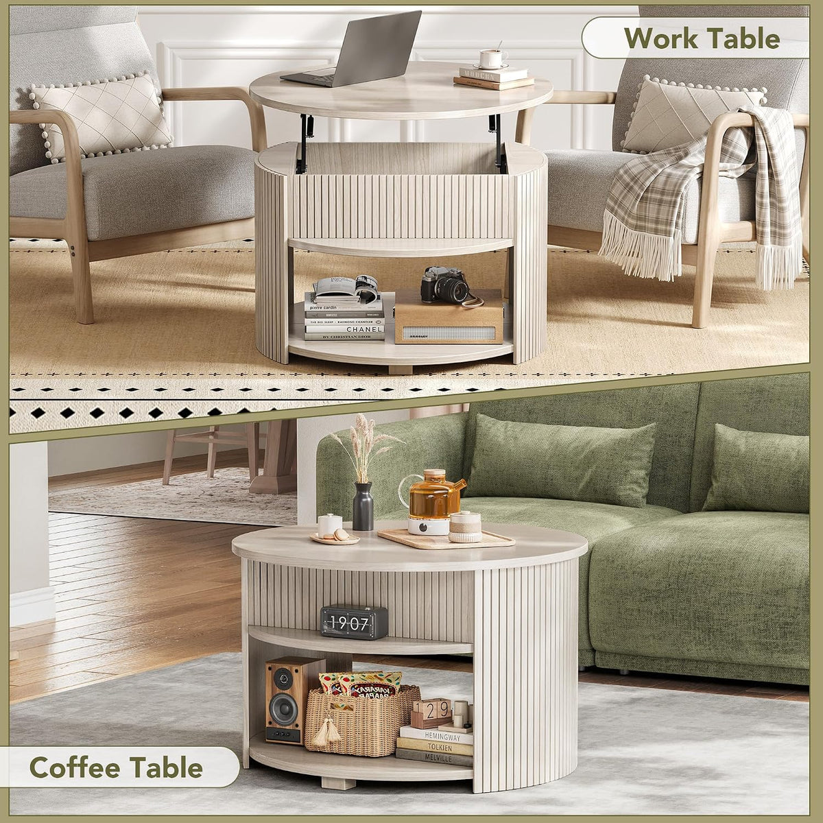 Round Lift Top Coffee Table with Storage, Fluted Mid-Century Modern Coffee Tables for Living Room, with Hidden Compartment & Open Shelves, for Small Spaces & Home Office(31.5" White Oak)