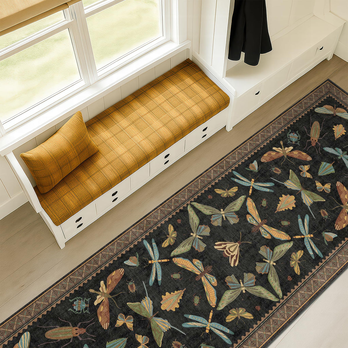 Hazo Haus Dark Green Insect Area Rugs 8x10 for Living Room, Dining Room Under Table, Bedroom, Unique Washable Floral Non Slip Low Pile Soft Rug