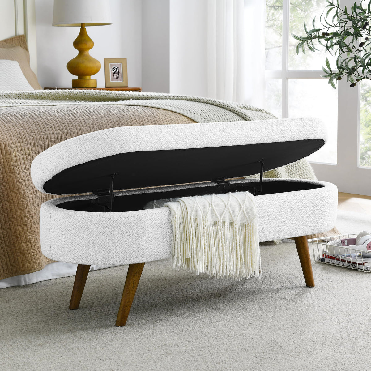 43.5" Ottoman with Storage, Storage Ottoman Bench with Safety Hinge, Bed End Bench, Upholstered Entryway Bench for Bedroom, Living Room & Window, Holds up to 330 lb, Beige