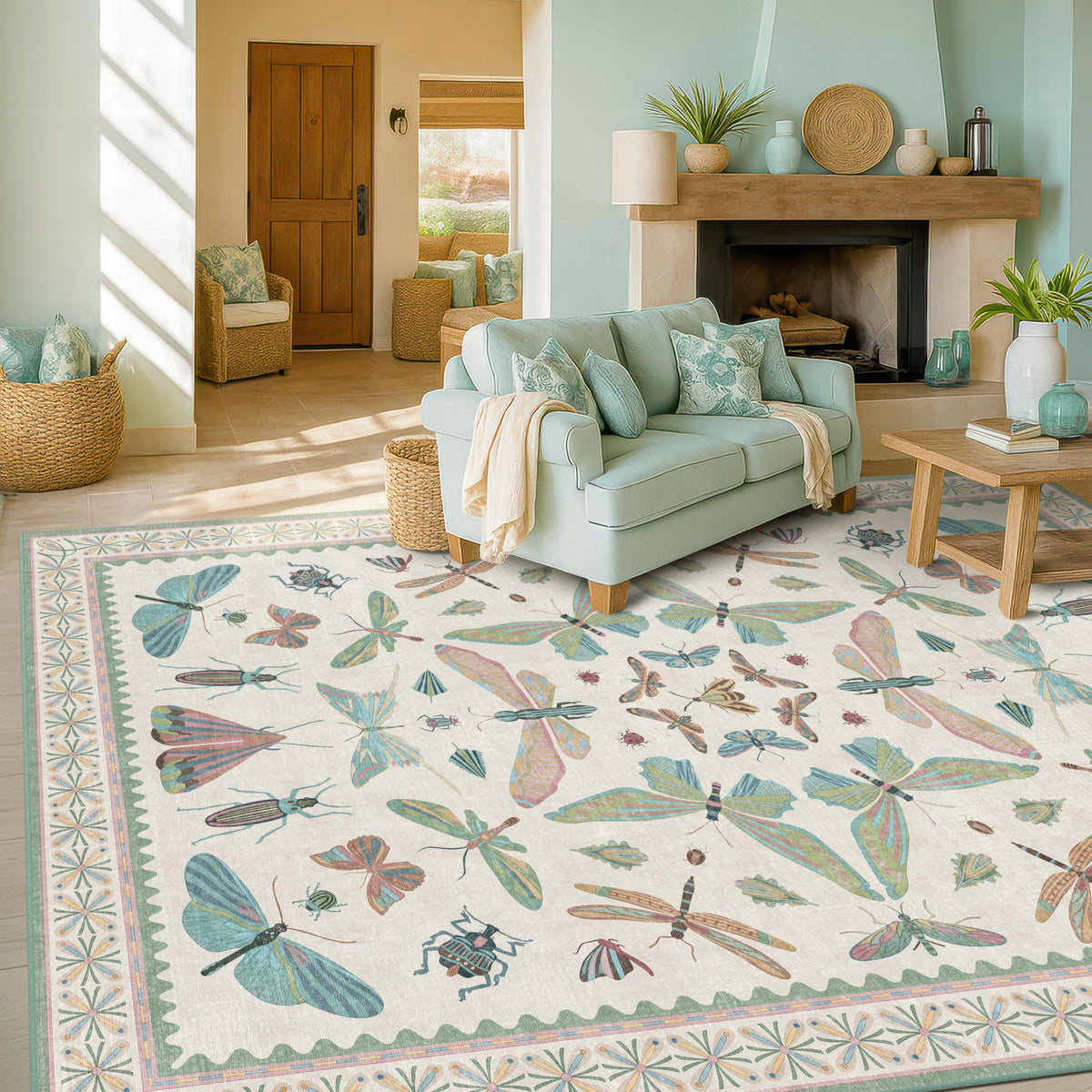 Hazo Haus Dark Green Insect Area Rugs 8x10 for Living Room, Dining Room Under Table, Bedroom, Unique Washable Floral Non Slip Low Pile Soft Rug