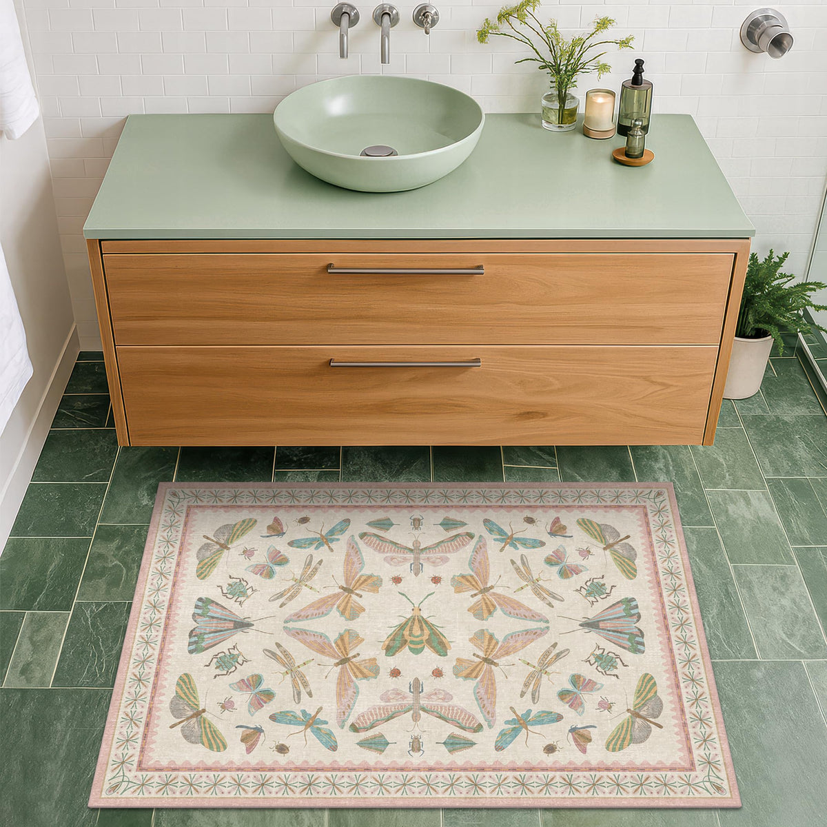 Hazo Haus Dark Green Insect Area Rugs 8x10 for Living Room, Dining Room Under Table, Bedroom, Unique Washable Floral Non Slip Low Pile Soft Rug