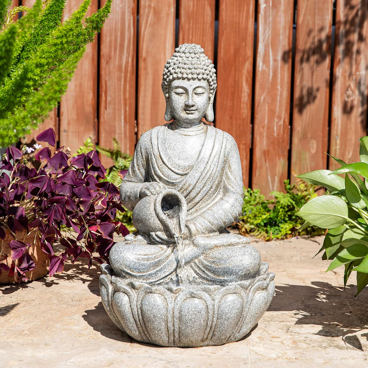 Glitzhome Buddha Statues, 20.5"H Zen Style Outdoor Buddha Fountian with LED Light & Pump, Outdoor Floor Freestanding Fountain Meditative Garden Buddha Sculptures & Statues for Garden Porch Lawn Decor