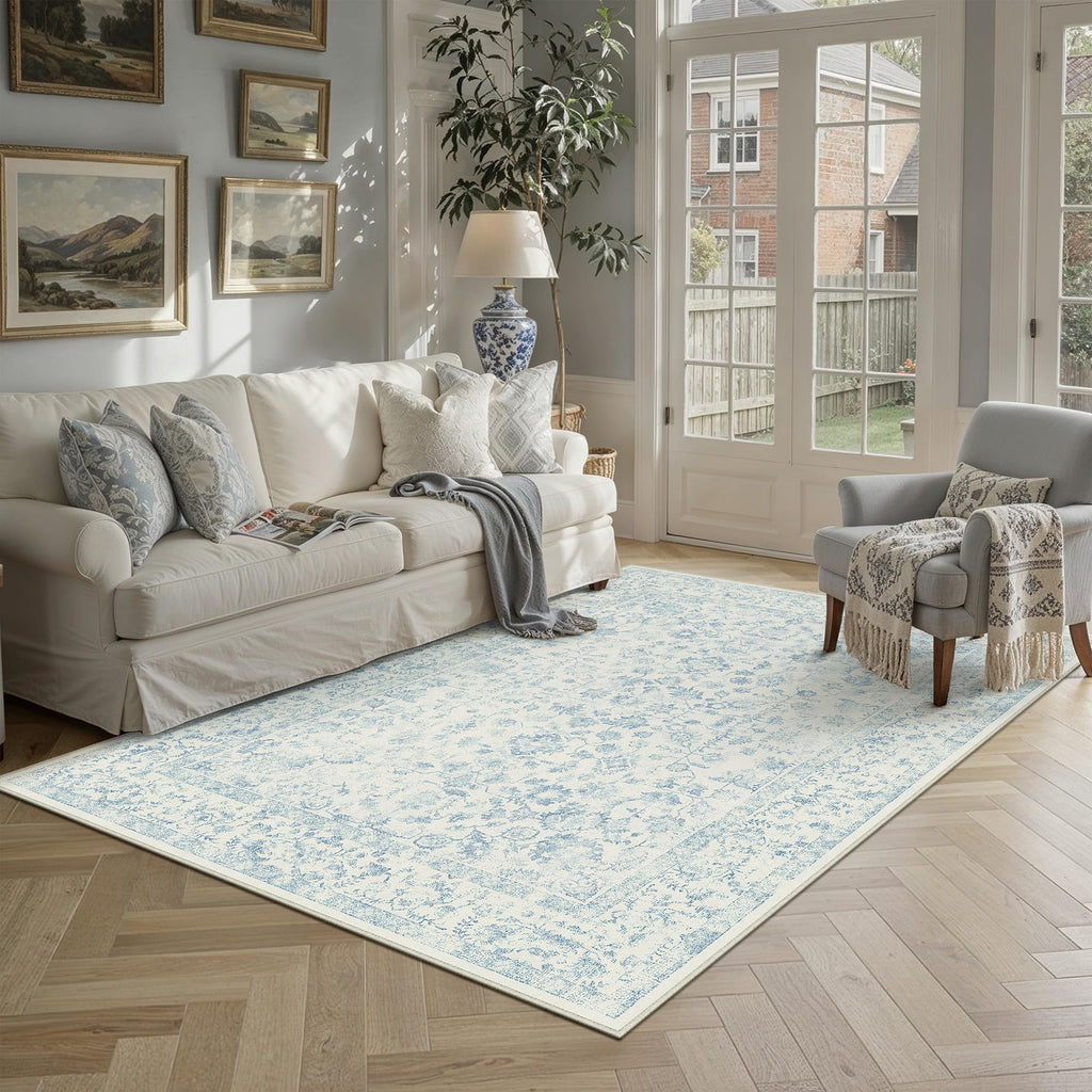 PureCozy Blue 6x6 Round Area Rug Vintage Washable Carpet Non Slip