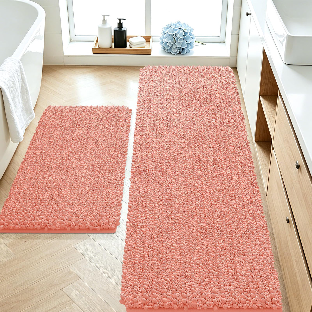 ACCUMTEK Upgrade Extra Large Black Bathroom Rug Set 3 Pieces Ultra Soft, Thick Absorbent Bath Mats, Non Slip Chenille Toilet Mat for Bathroom, Bedroom, Kitchen