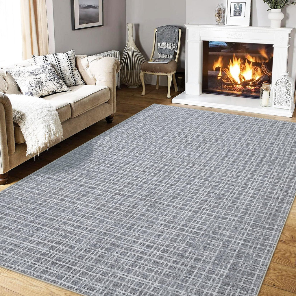 Modern Washable 8x10 Area Rug - Soft, Non-Slip, Stain Resistant, Farmhouse Tartan Plaid for Living Room, Bedroom, Nursery, Office - Beige