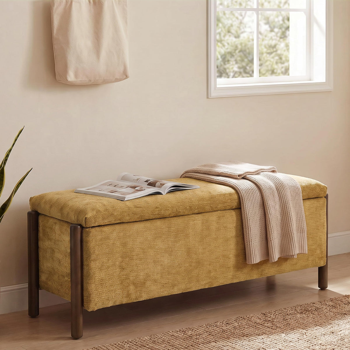 Usaint 47" Fabric Upholstered End of Bed Storage Ottoman Bench, Beige