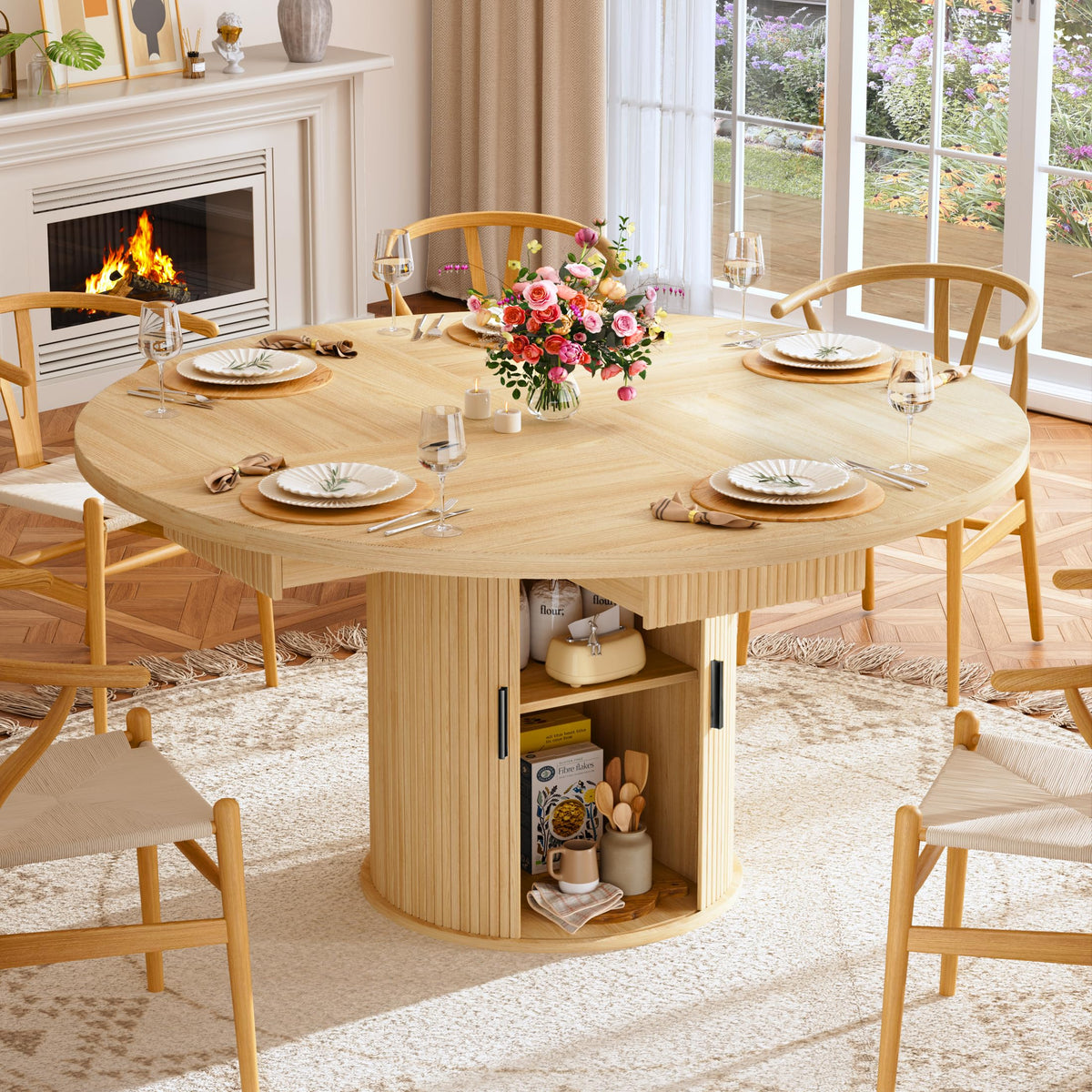 HUAHUU Extendable Round Dining Table for 4-8, 39in-77in Long Large Kitchen Table with Fluted Base, Space Saving Modern Farmhouse Oval Dinner Tables for Dining Room, Kitchen, Living Room, Black