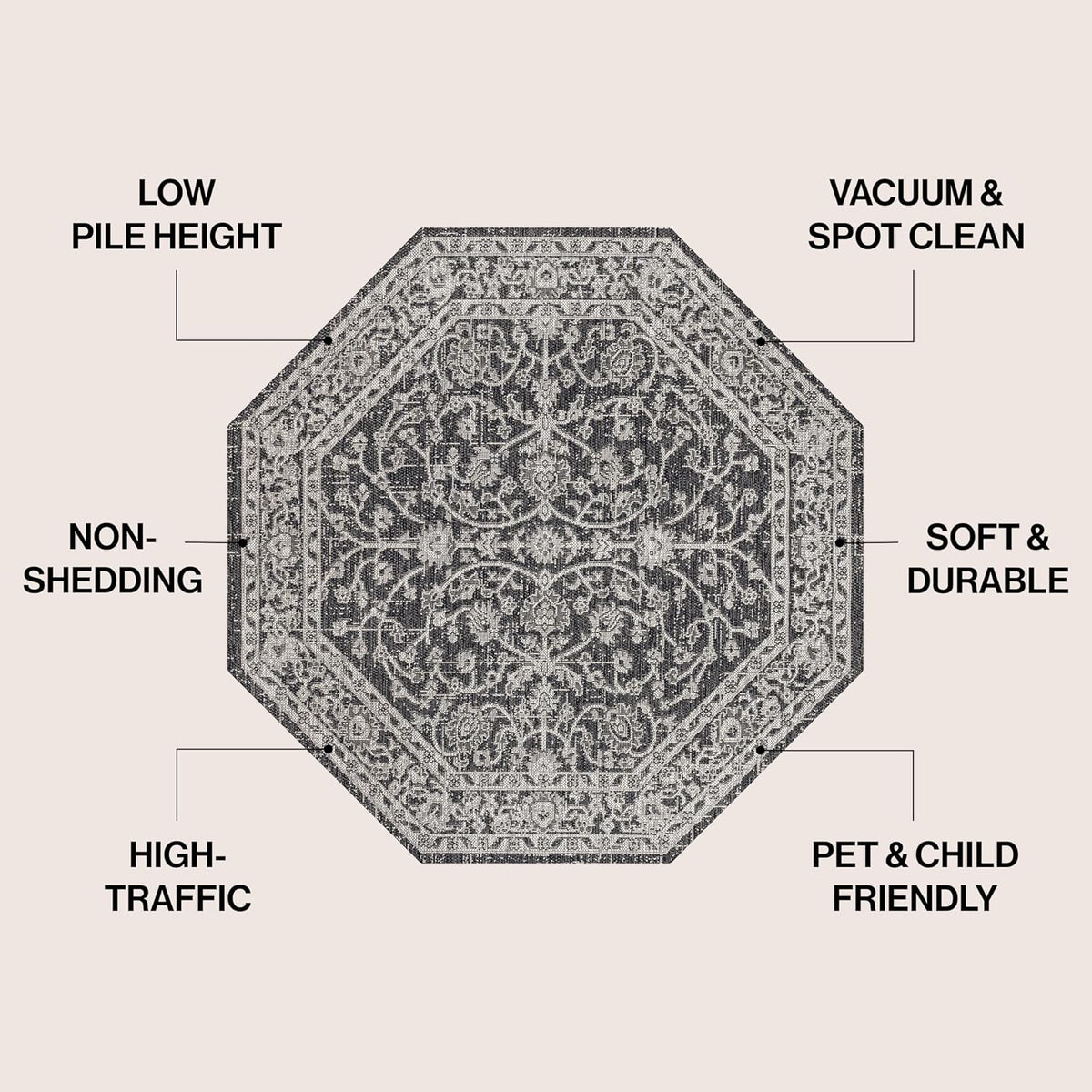 Eyely Vine and Border Octagon Area Rug 5 Ft Black/Gray, Indoor Outdoor Rug
